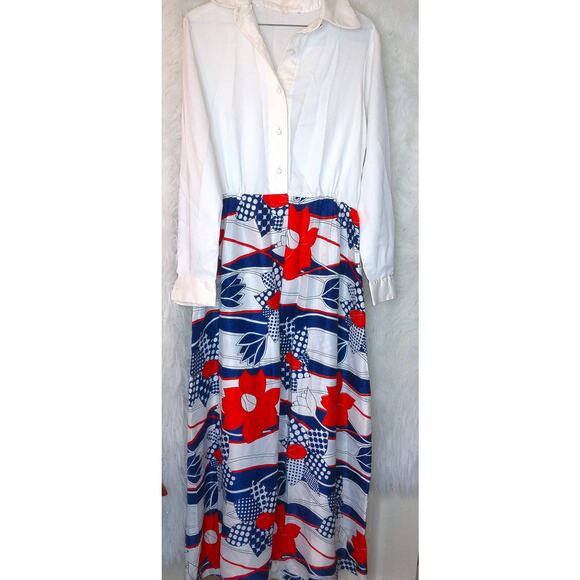 Vintage Red White Blue Floral Maxi Dress Size 14 - Picture 8 of 8